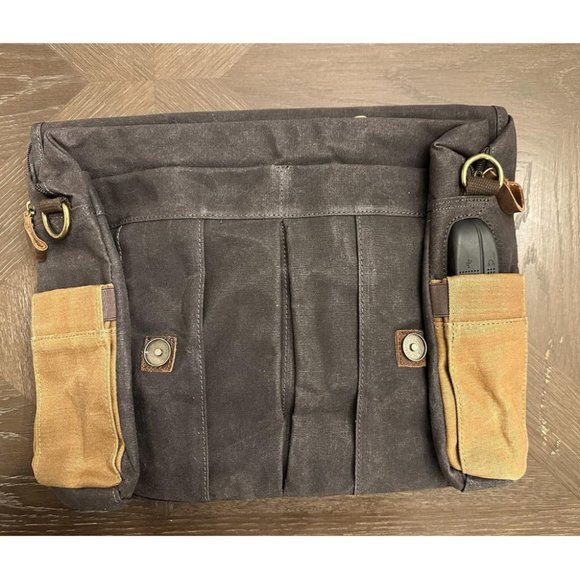 Men's Dark Grey Genuine Leather Canvas Water Resistant Satchel Shoulder Bag - Picture 5 of 13